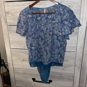 Blue Free People floral paisley body suit